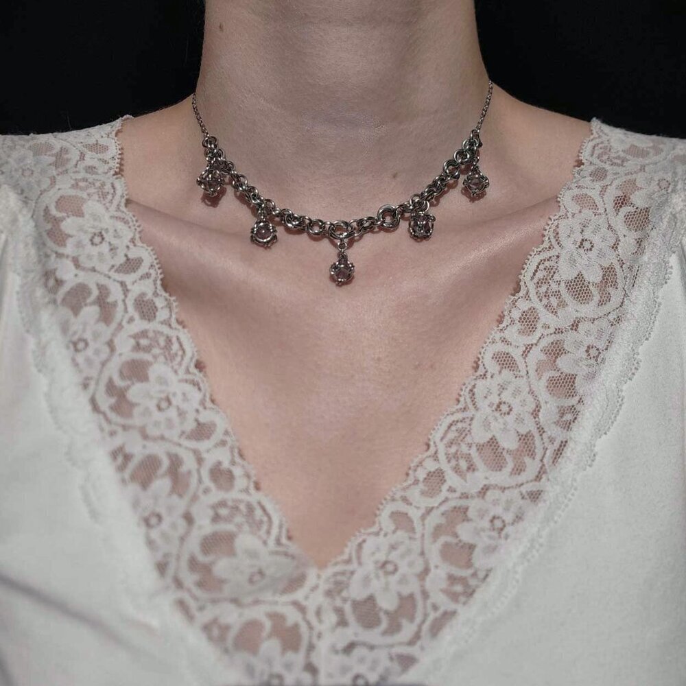 Gothic fairy purple caged pearl chainmail choker necklace with a small silver ch - Picture 2 of 8